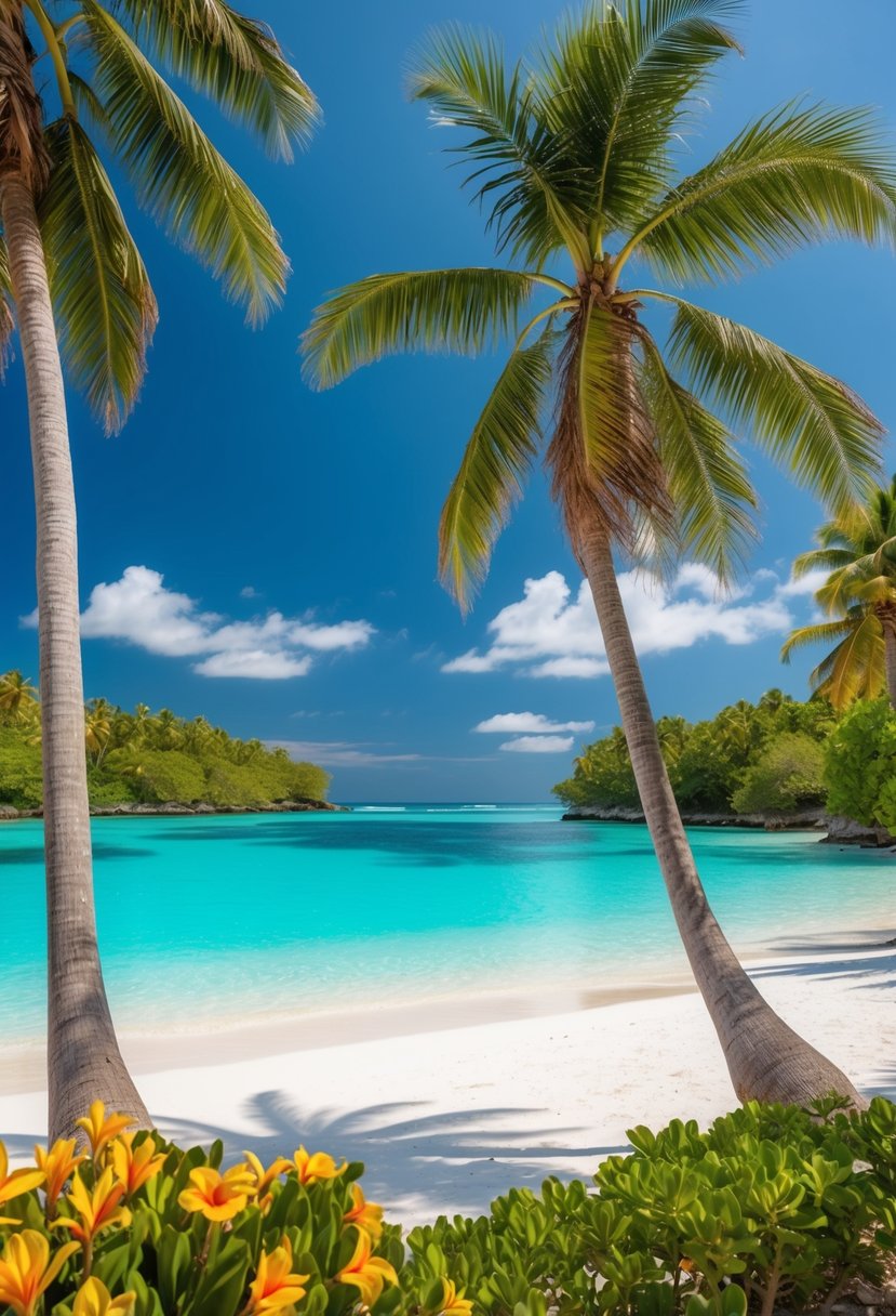 Crystal clear turquoise waters gently lapping against pristine white sandy beaches, surrounded by lush green palm trees and vibrant tropical flowers