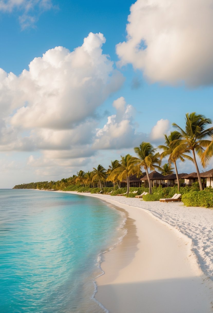 Pristine white sand, crystal clear waters, and palm trees lining the shore of an exclusive all-inclusive beach resort in the US