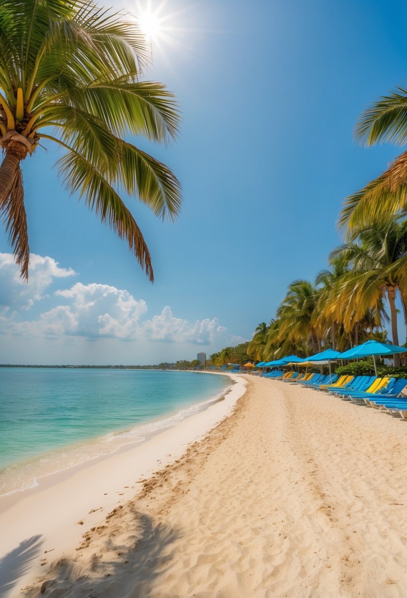 Golden sand stretches along crystal blue waters, lined with lush palm trees and colorful umbrellas. The sun shines brightly in the cloudless sky, creating a perfect beach day at Siesta Key Beach, Florida