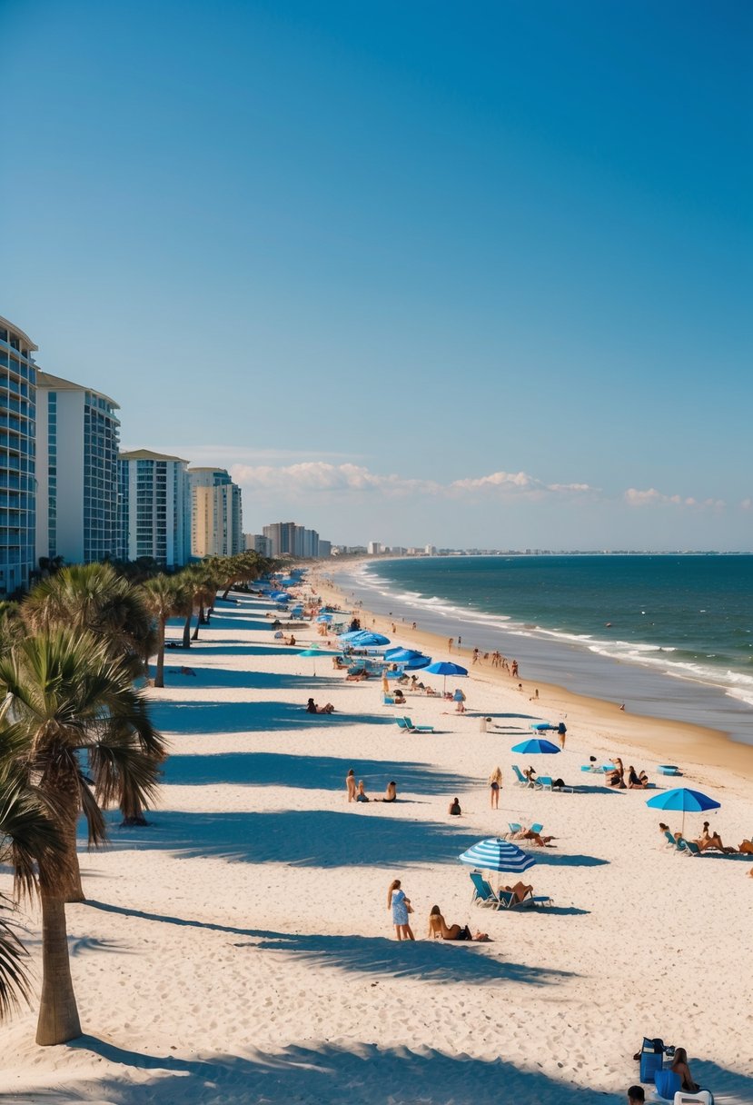 Golden sand, clear blue waters, palm trees, and beachfront resorts line the shore of Myrtle Beach, South Carolina. Tourists relax and play in the sun