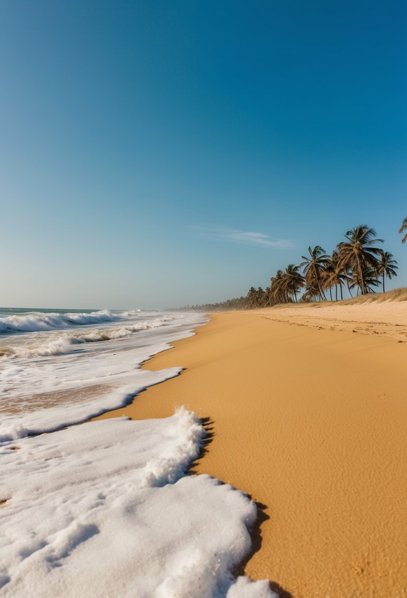 Golden sand stretches along the shore, framed by crashing waves and distant palm trees. A clear blue sky meets the horizon, creating a serene and picturesque scene