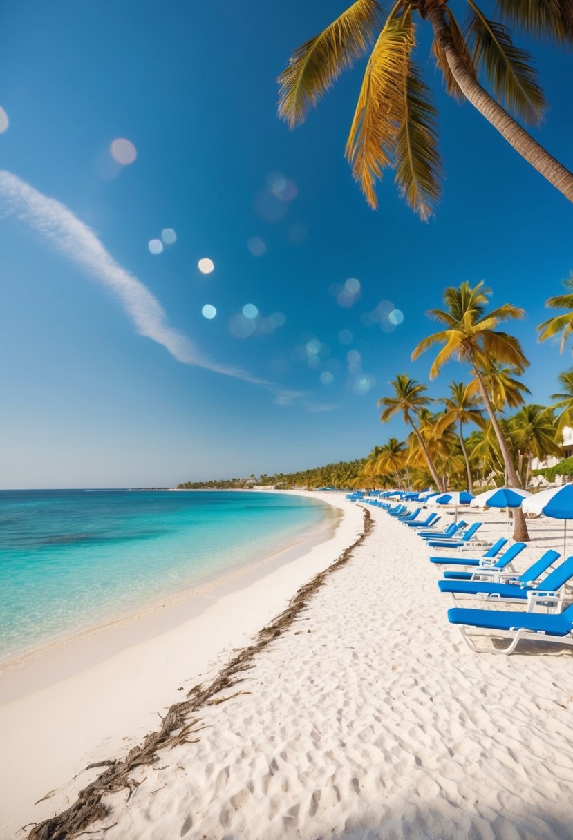 A sunny beach with white sand, clear blue water, and palm trees lining the shore. Beach chairs and umbrellas are scattered along the coastline