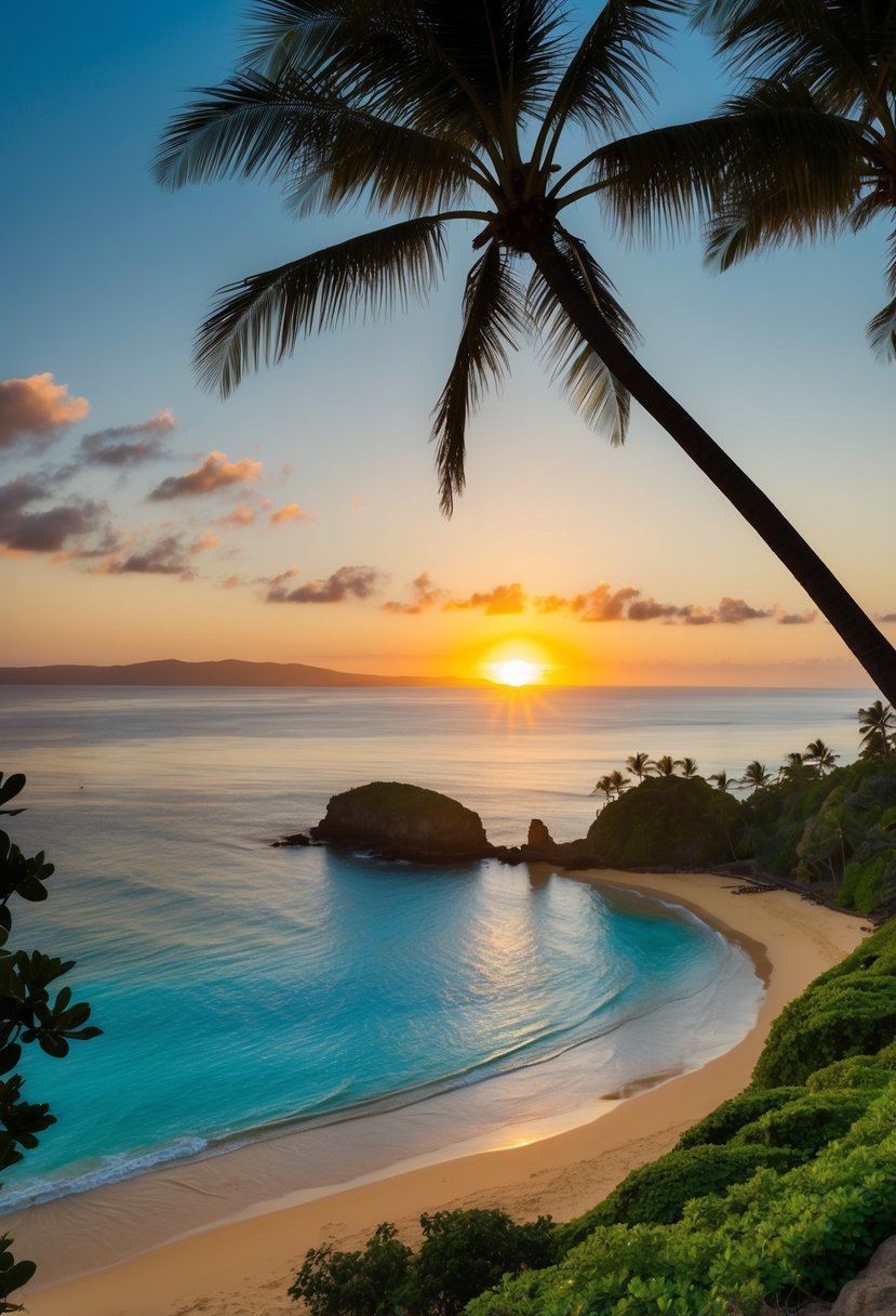 The sun sets over Kapalua Bay, casting a warm glow on the golden sand and clear blue waters, surrounded by lush greenery