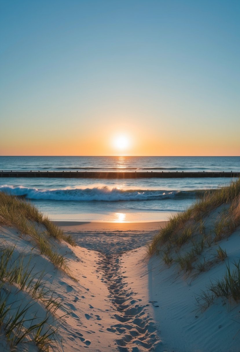 The sun sets over Nantucket's Main Beach, with gentle waves rolling onto the sandy shore, framed by dunes and a clear blue sky