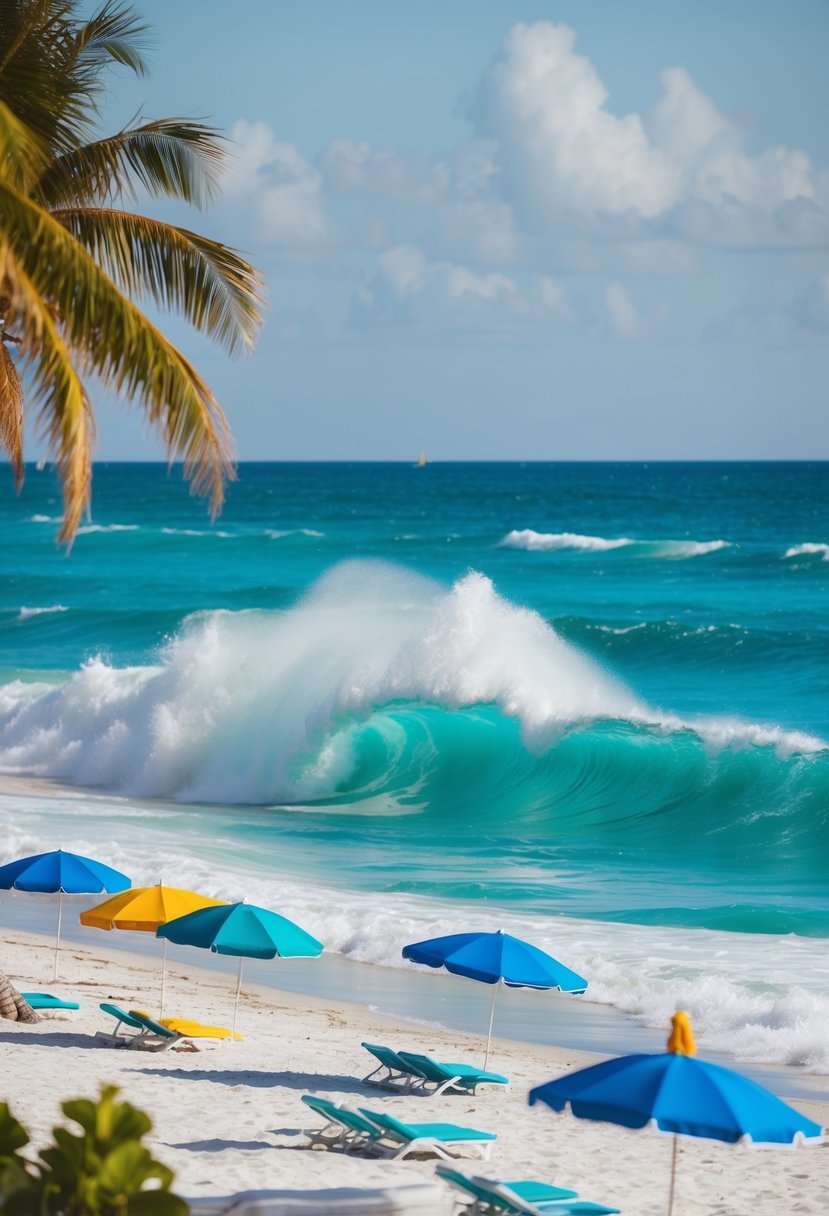 Turquoise waves crash against white sandy shore, palm trees sway in the gentle breeze, and colorful umbrellas dot the beach at South Beach, Miami, Florida