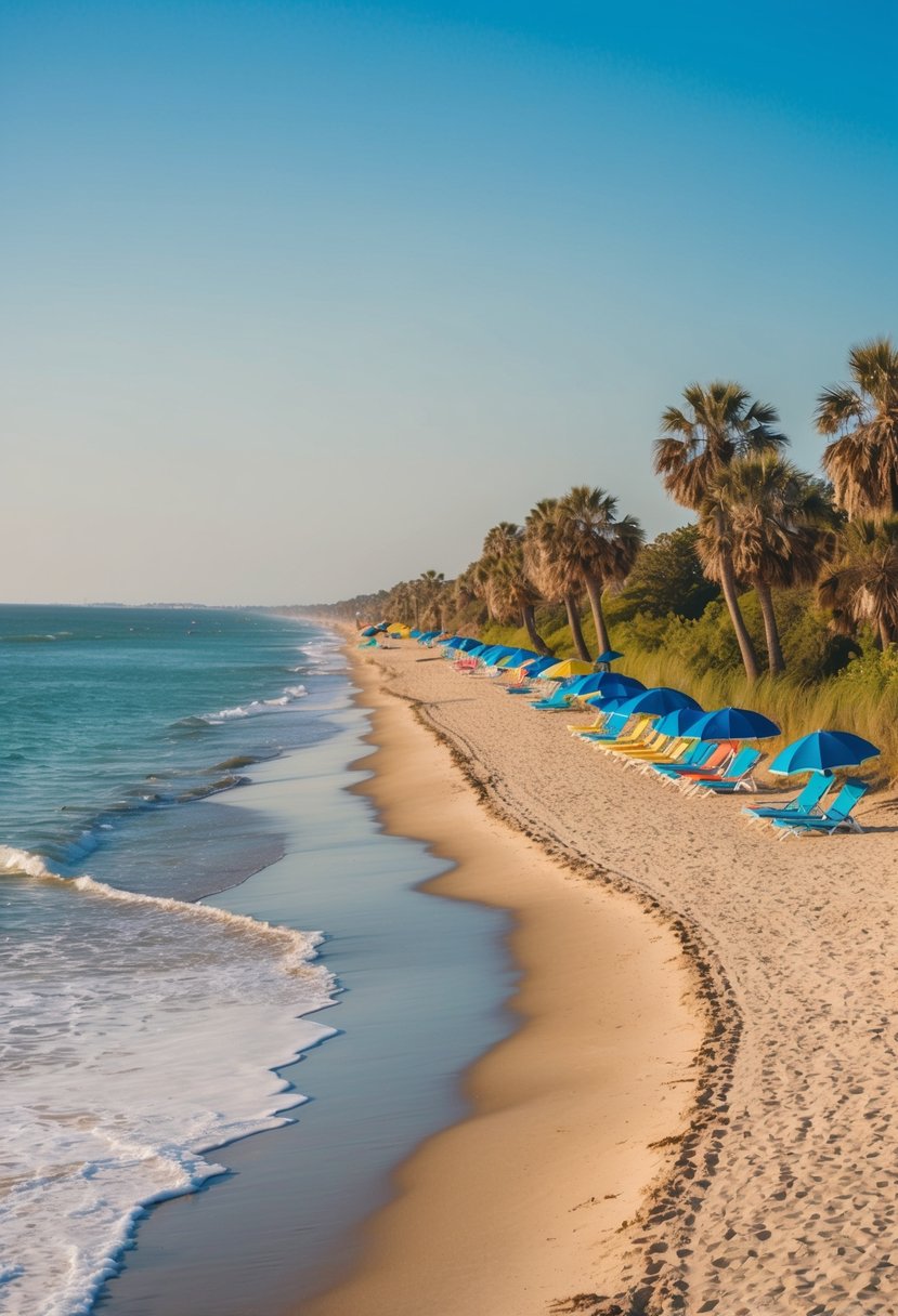 A pristine stretch of golden sand meets the sparkling blue waters of Virginia Beach, with colorful umbrellas and beach chairs dotting the shoreline. Palm trees sway in the gentle ocean breeze, creating a tranquil and inviting atmosphere