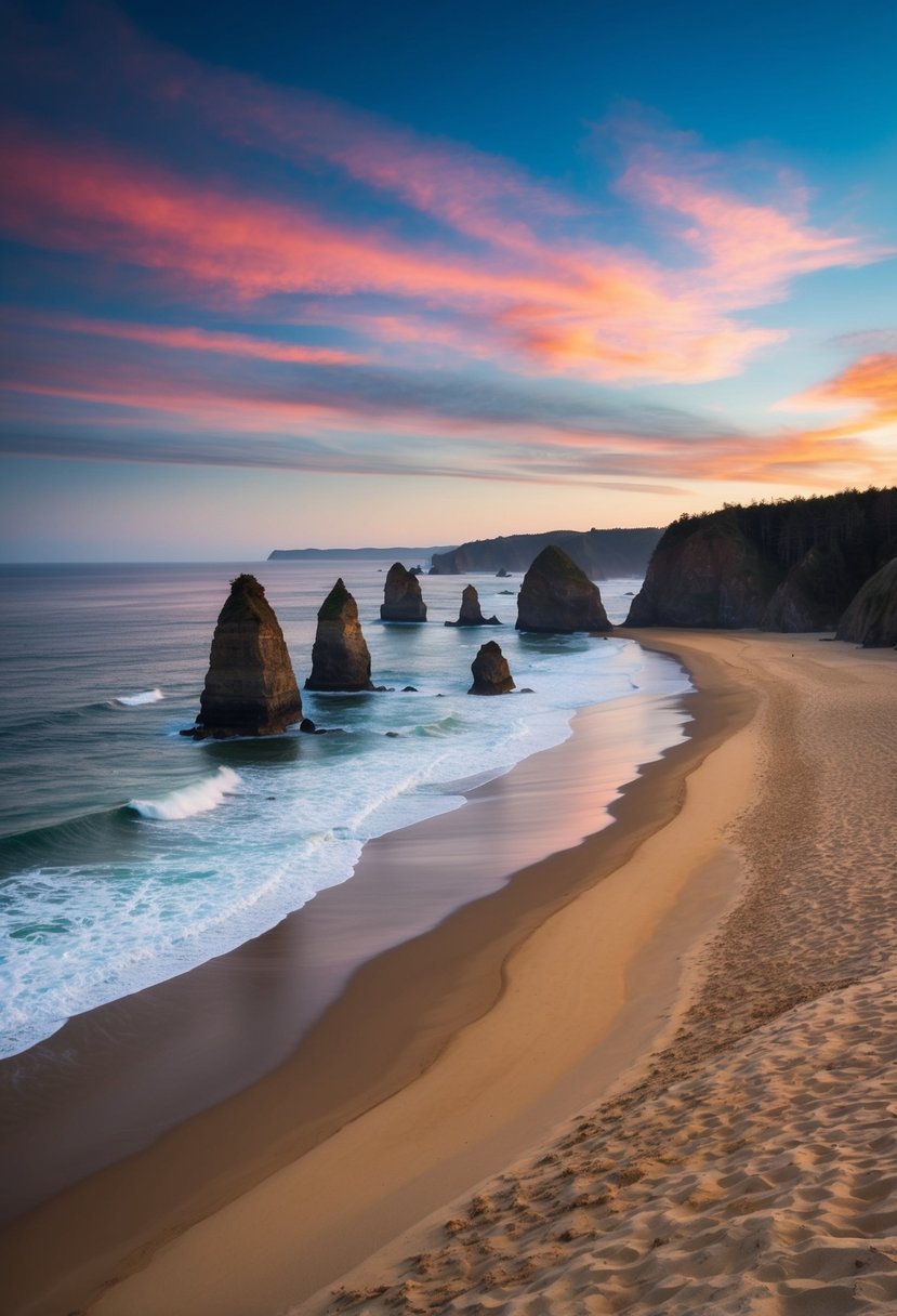 Golden sand stretches along the rugged coastline of Cannon Beach, with dramatic sea stacks rising from the surf and a colorful sunset painting the sky