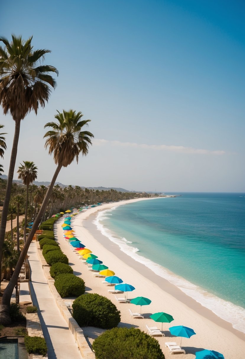 Sweeping coastline with palm trees, white sand, and crystal-clear water, with colorful umbrellas dotting the beach