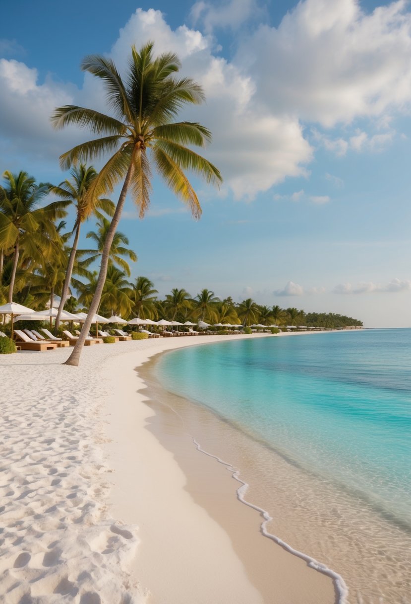 A serene beach with crystal-clear waters, powdery white sand, and lush palm trees lining the shore. A row of luxurious beachfront resorts offers top-tier amenities and services