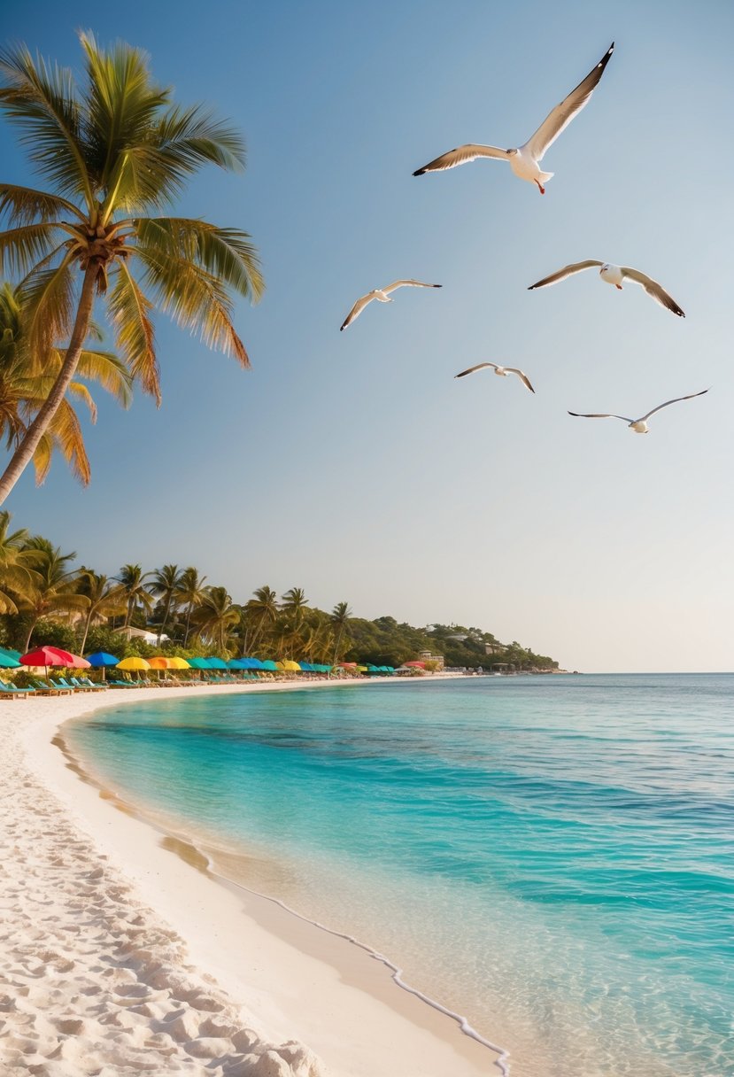 Sun-kissed shores with crystal-clear waters, dotted with colorful umbrellas and lined with white sand. Palm trees sway in the gentle breeze, and seagulls soar above