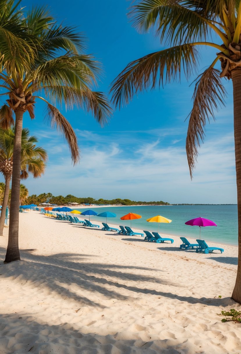 Golden sand, clear blue water, palm trees, and colorful beach umbrellas dotting the shore of the top 30a beaches