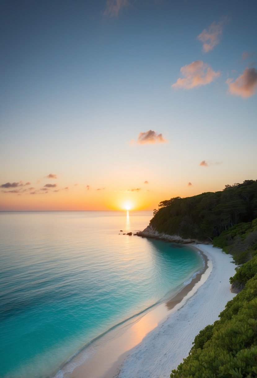 The sun setting over the calm, turquoise waters of Rosemary Beach, with white sandy shores and lush greenery lining the coastline