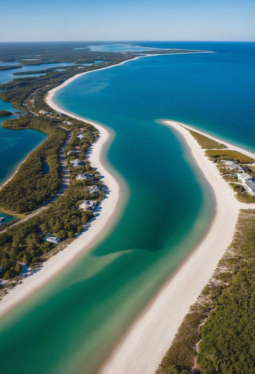 Aerial view of 30A coastline with clear blue water, white sandy beaches, and lush greenery. Each beach is distinct in shape and size