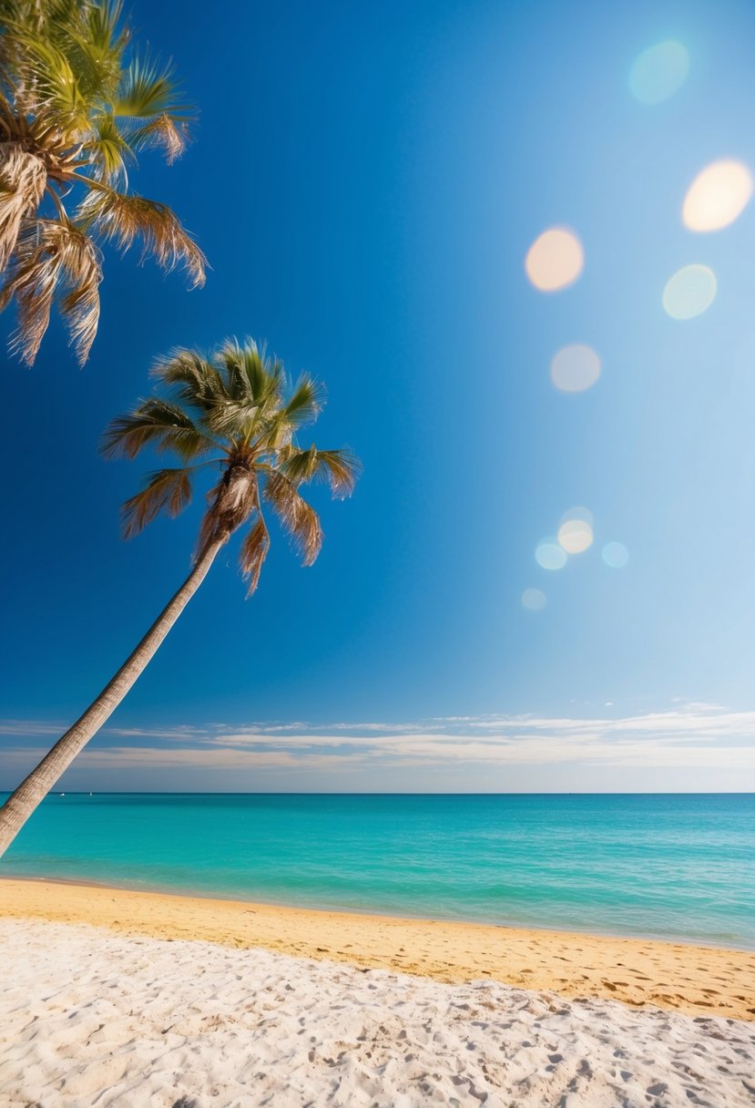 Golden sand meets turquoise water under a clear blue sky, with palm trees swaying in the gentle breeze at Fairhope Beach in Alabama