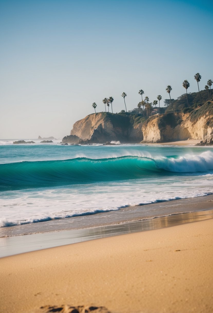 Golden sand, turquoise waves, palm trees, and rocky cliffs at the 5 best beaches in California