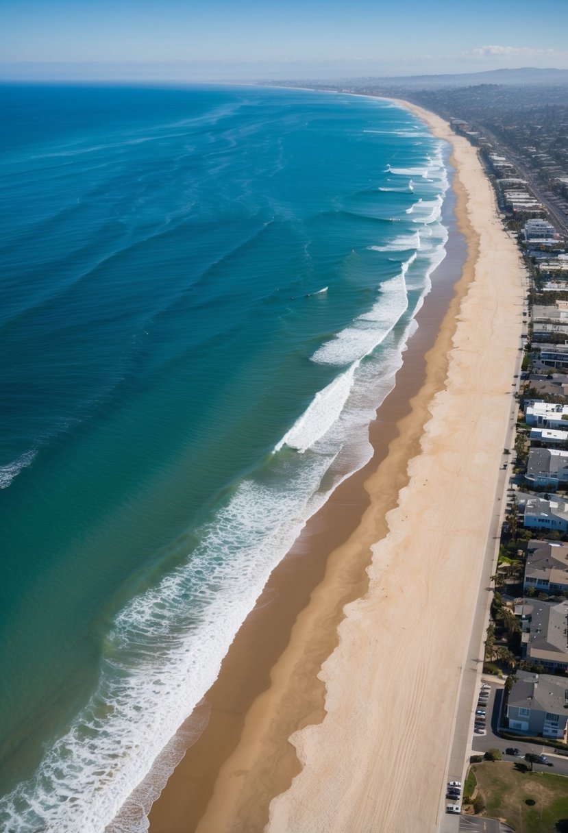 Aerial view of Laguna Beach, California with 5 distinct beaches along the coastline, each featuring crystal-clear blue waters and golden sandy shores