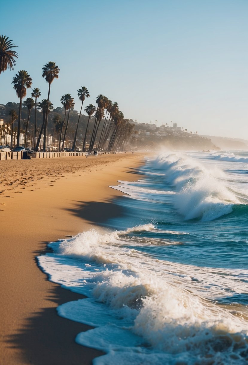 Golden sand, crashing waves, and palm trees line the shore of Santa Monica Beach, one of California's top 5 beaches