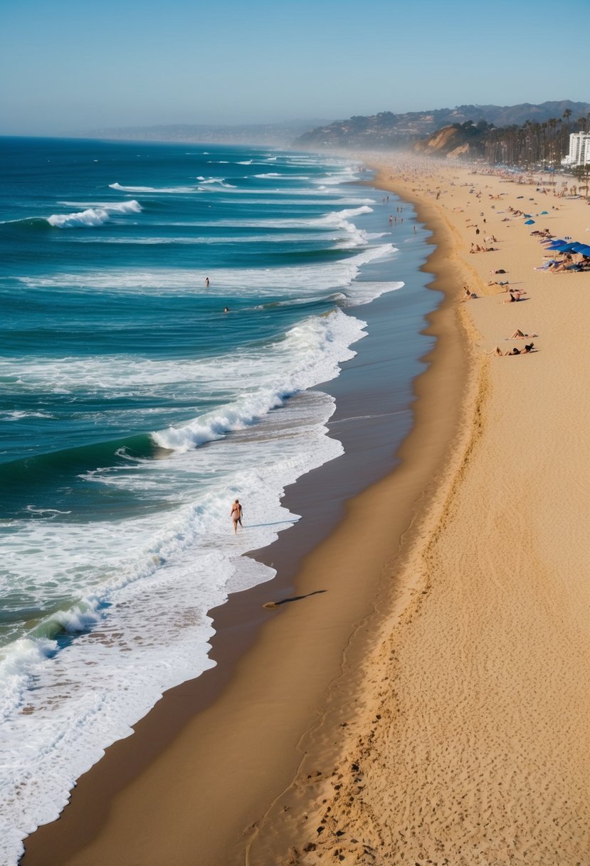 Golden sand stretches along the coast, meeting the azure waves of Zuma Beach in Malibu. Surfers dot the water, while sunbathers relax under the warm California sun