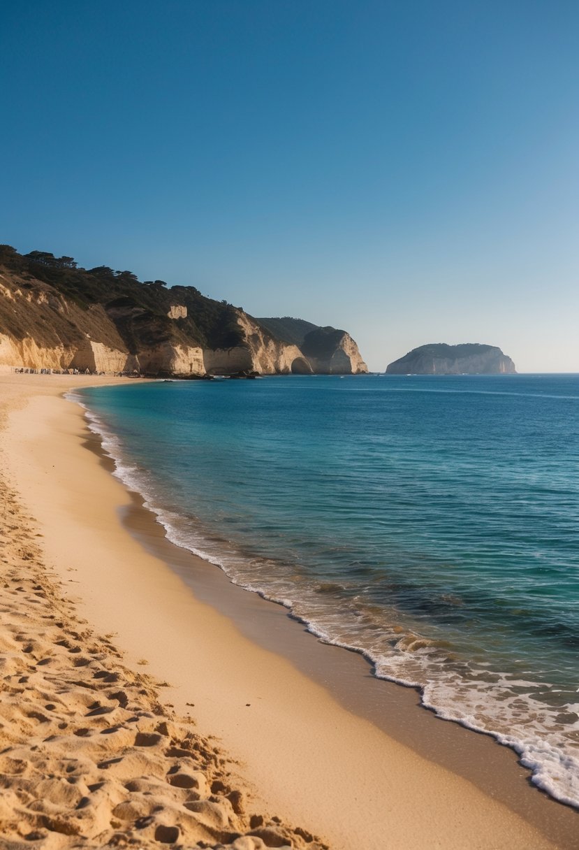 A sunny Carmel Beach with golden sand, clear blue waters, and distant cliffs under a clear sky