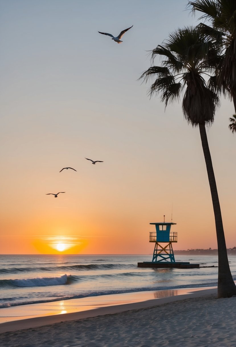 Sunset over a serene beach with palm trees, gentle waves, and colorful umbrellas. A lifeguard tower stands tall in the distance, as seagulls fly overhead