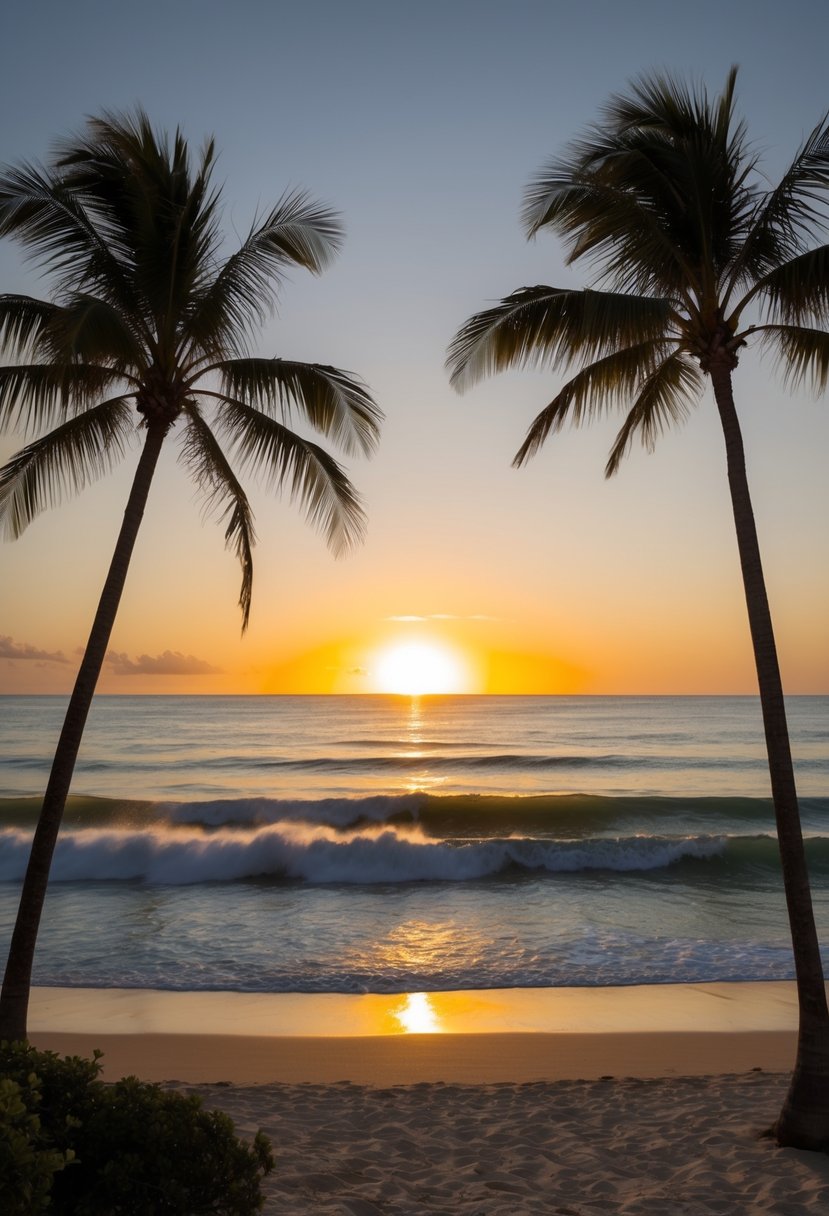 The sun sets over Playa Grande, where palm trees line the golden shore and waves crash against the pristine beach, making it one of the best in the Dominican Republic