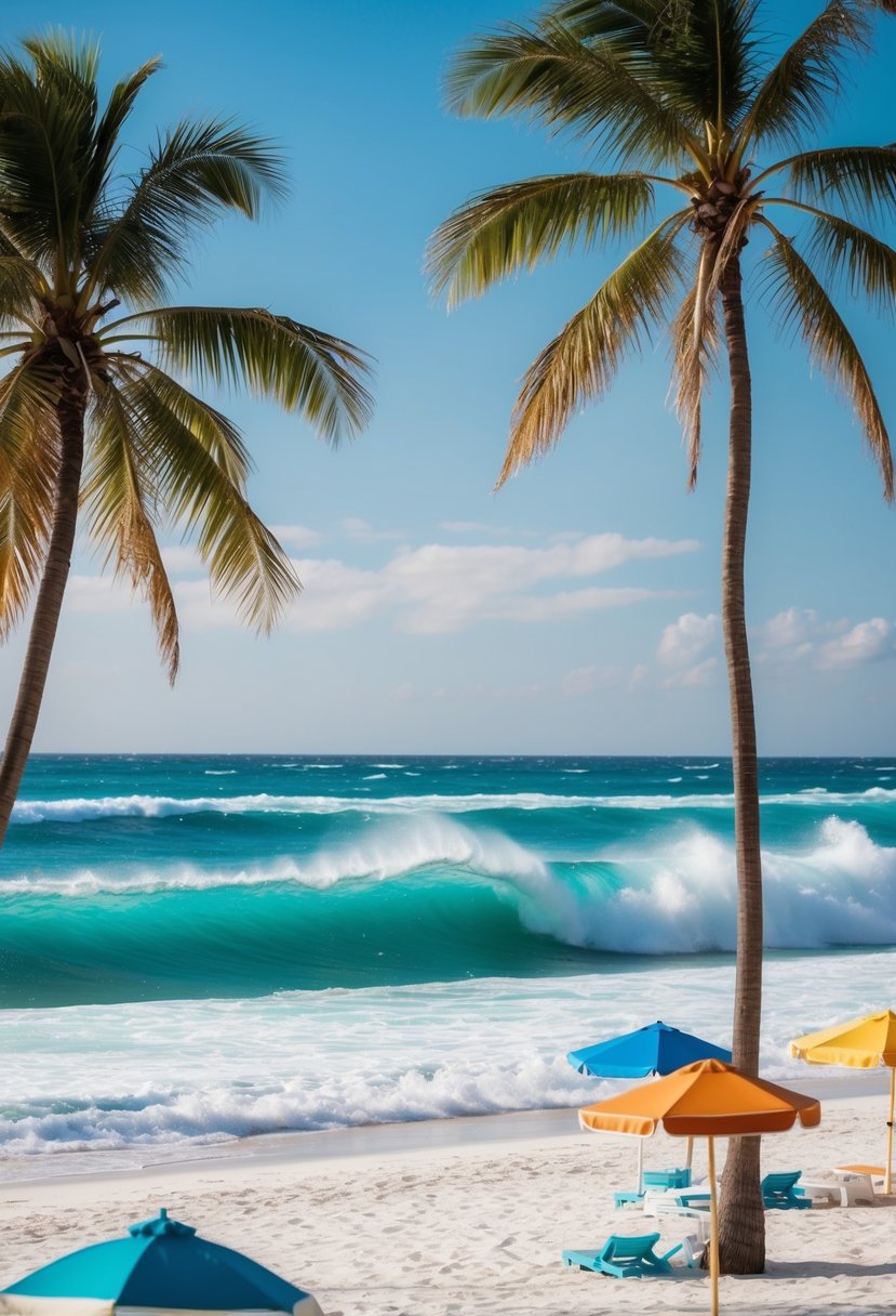 Palm trees sway on white sandy beaches, turquoise waves crashing against the shore, with colorful beach umbrellas dotting the coastline