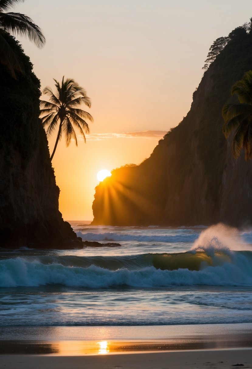 The sun sets over El Zonte Beach, with golden sand and crashing waves, surrounded by lush green cliffs and palm trees