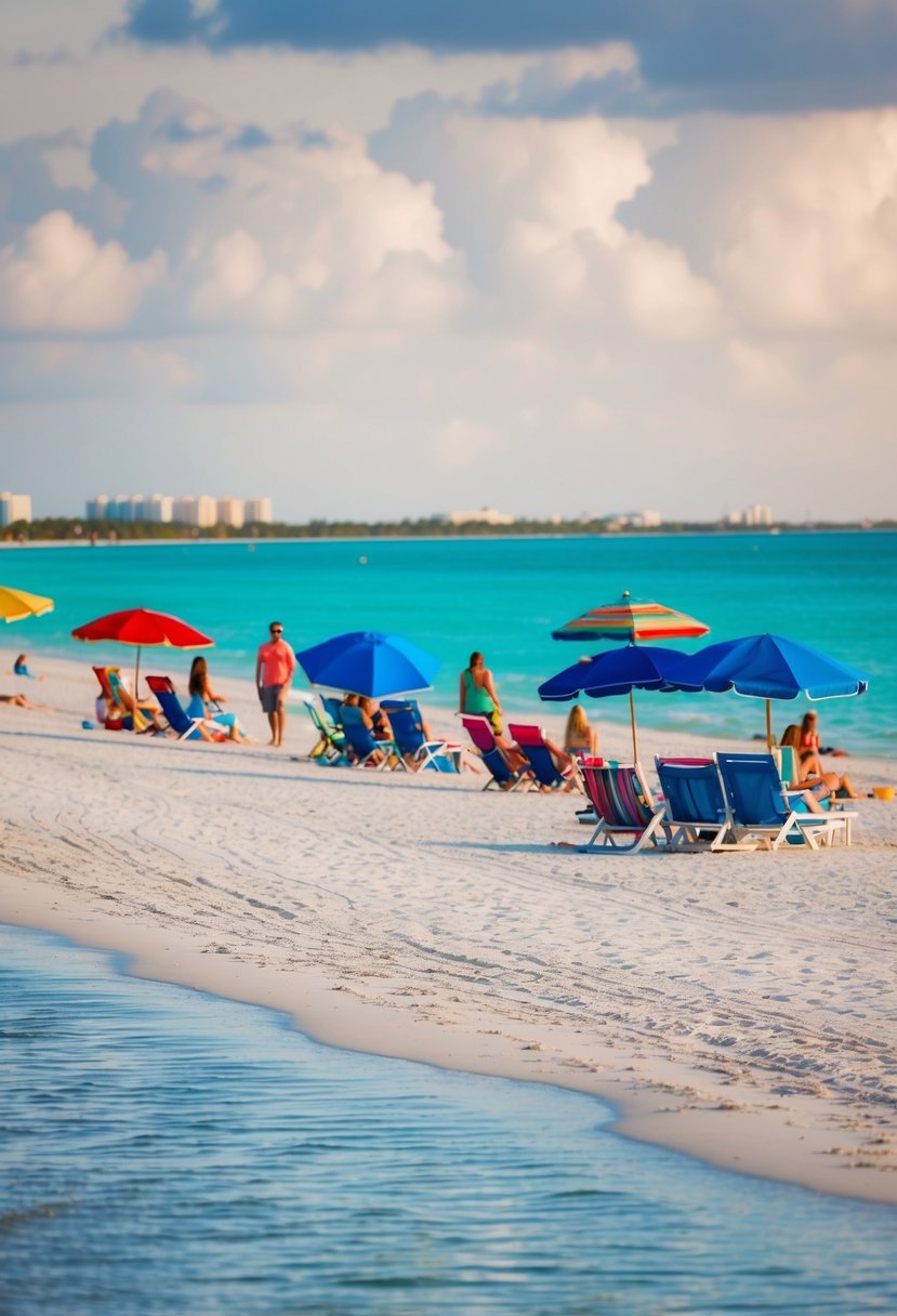 Families enjoy the white sandy shores of Clearwater Beach, one of Florida's top 5 beaches, with calm turquoise waters and colorful beach umbrellas