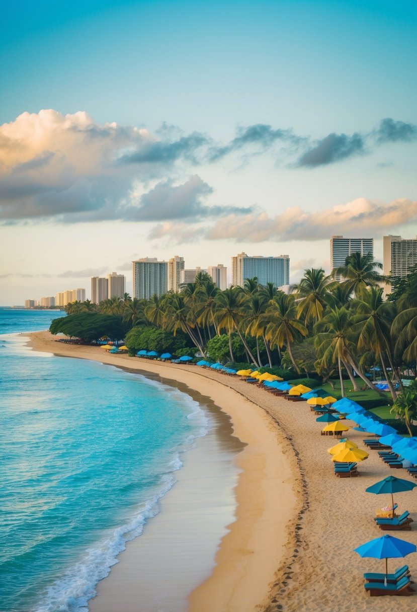 Golden sand, turquoise water, palm trees, and colorful umbrellas dot the shoreline of Waikiki Beach, one of the best beaches in Honolulu