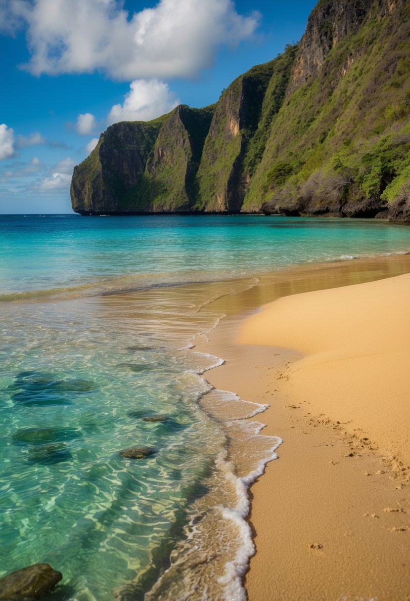 Crystal clear waters lap against golden sand at Hanauma Bay Nature Preserve, surrounded by lush green cliffs and teeming with vibrant marine life