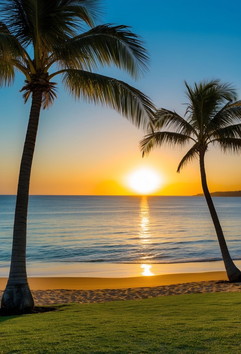 Sunset over Ala Moana Beach Park, with palm trees, golden sand, and clear blue water, ranking as one of the top 5 beaches in Honolulu