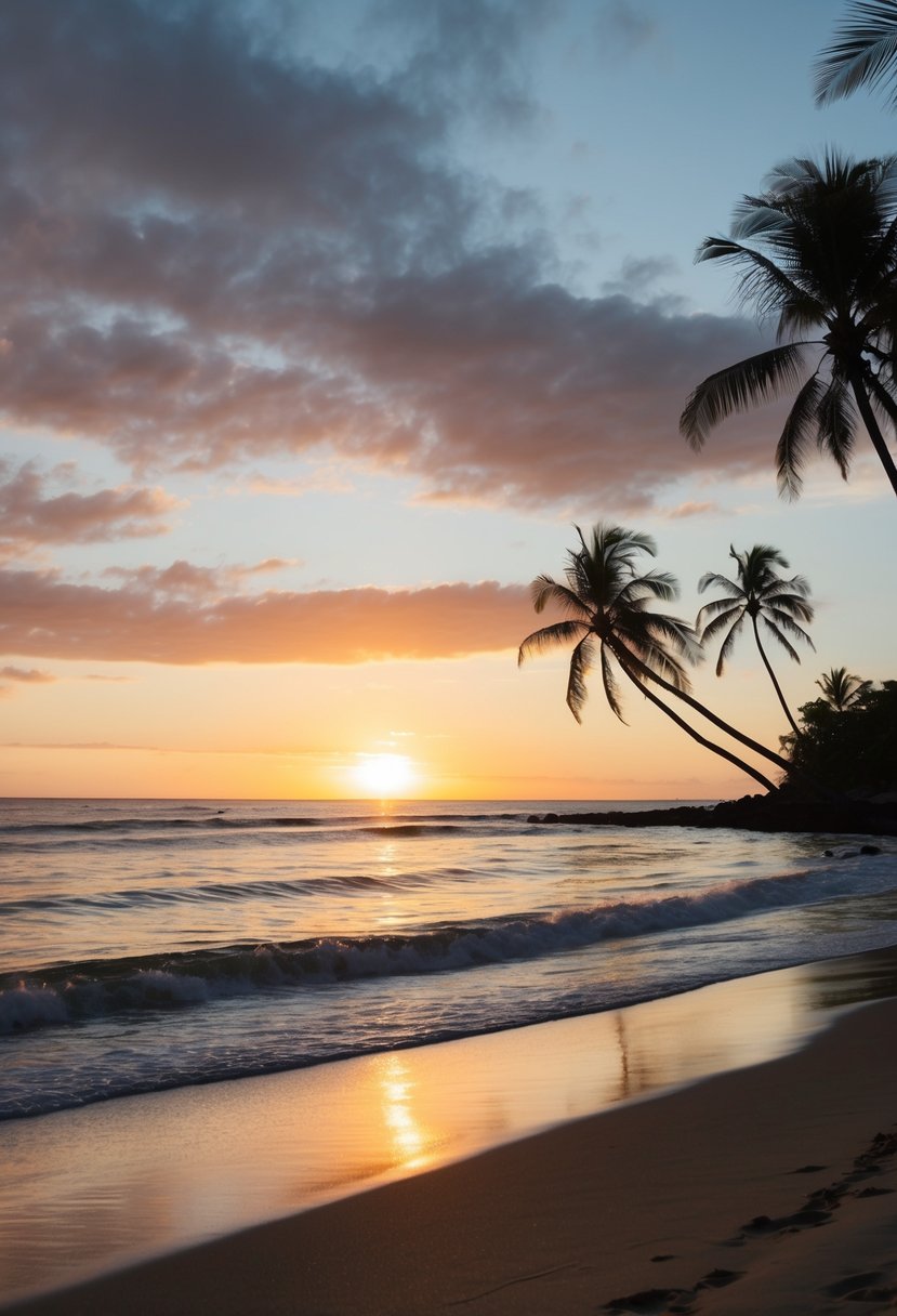 The sun sets over Kahala Beach, with gentle waves lapping at the shore and palm trees swaying in the breeze