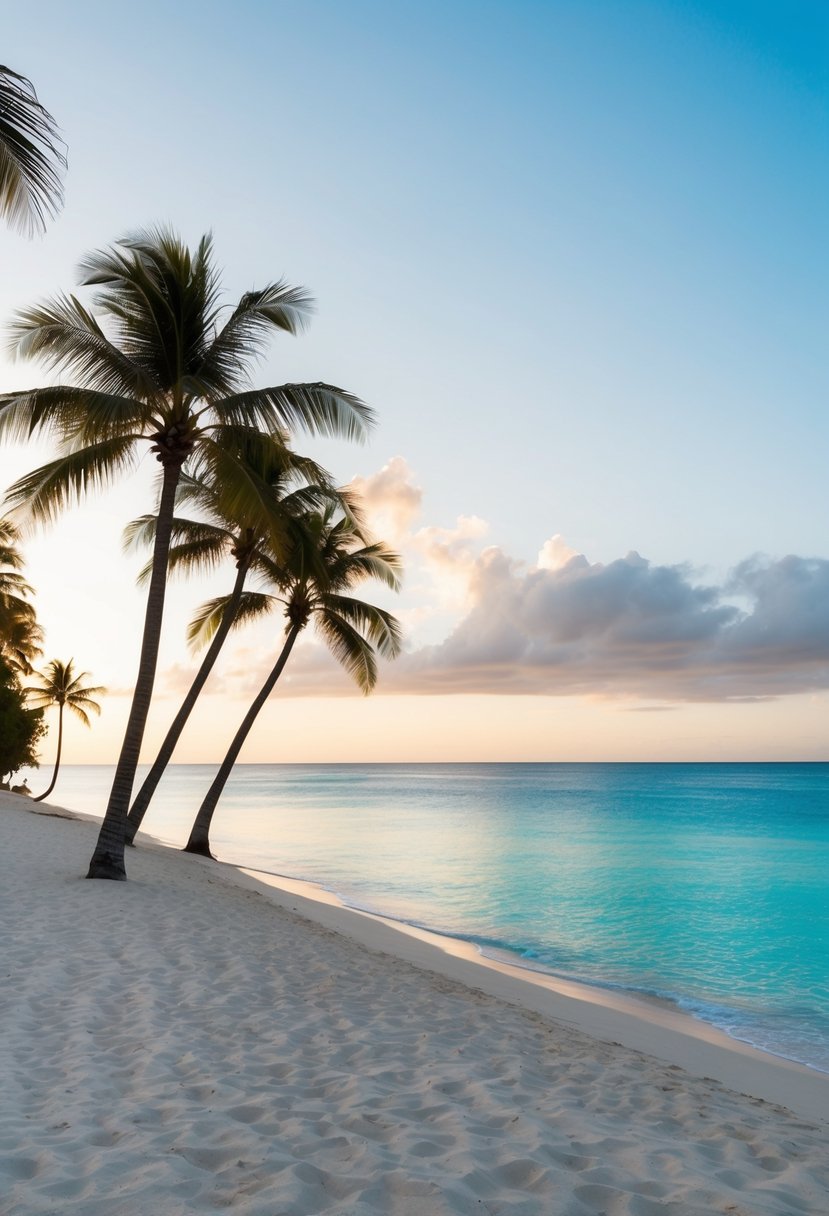 Sunset over calm turquoise waters, palm trees lining white sandy beaches. Clear skies and gentle ocean breeze at the 5 best beaches in Honolulu