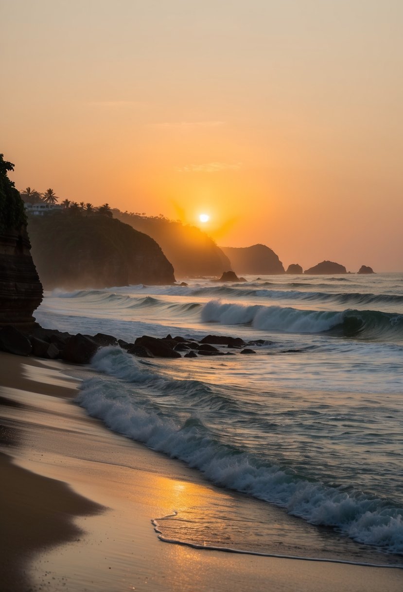 The sun sets over the golden sands of Varkala Beach, as waves crash against the rugged cliffs of Kerala's coastline