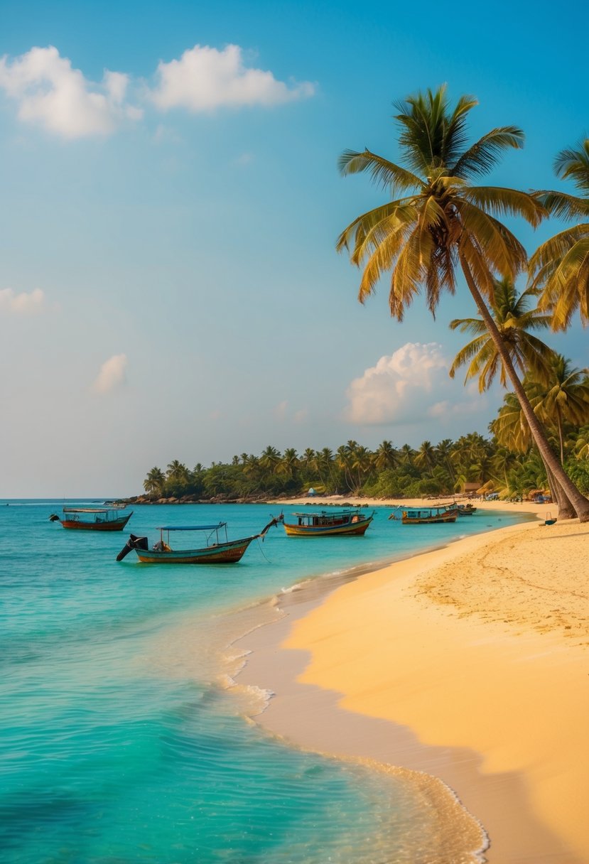 Golden sand, turquoise waters, and palm trees line the shore of Kudle Beach, with colorful fishing boats dotting the horizon