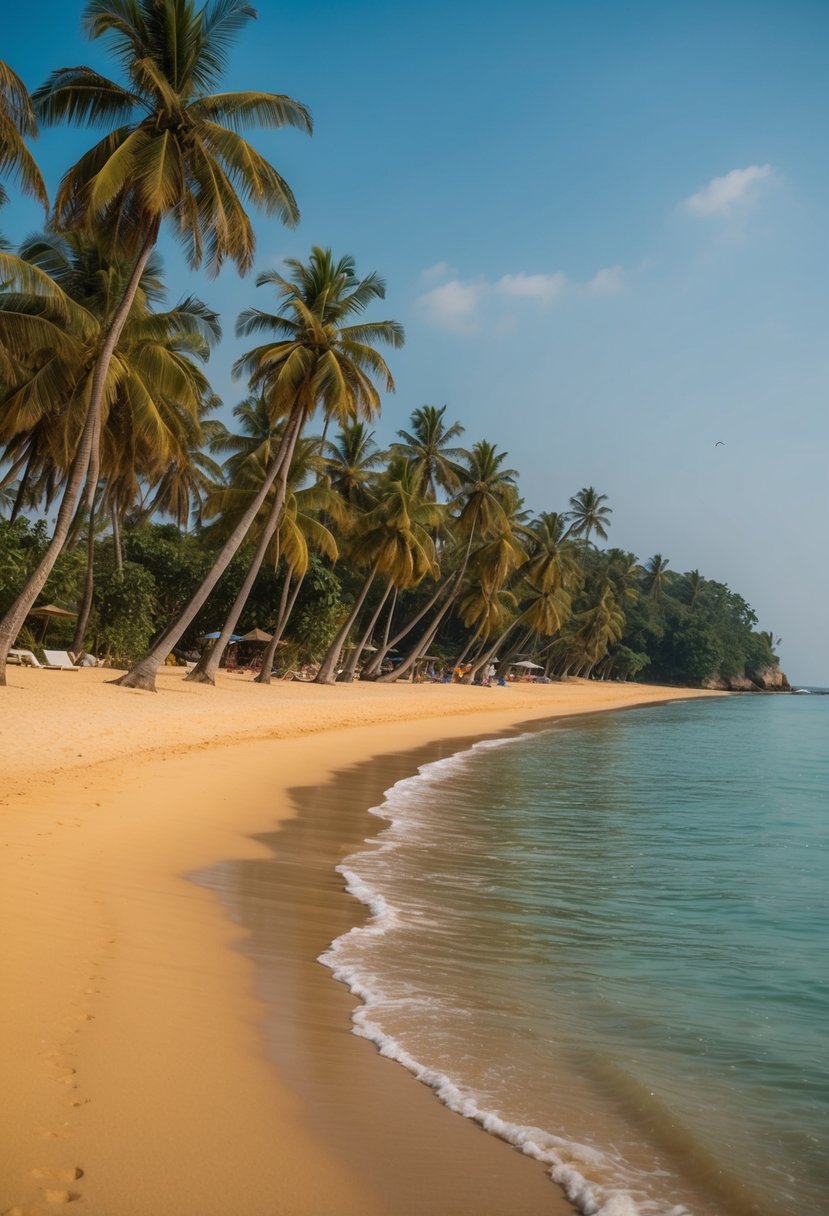 A serene beach with golden sand, palm trees, and clear blue waters, nestled along the coastline of Goa, India