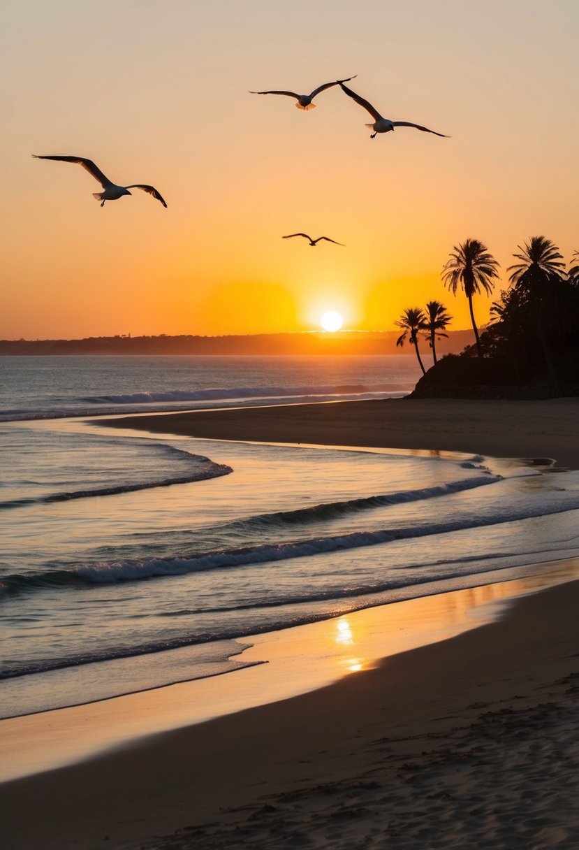 The sun sets over Hawke's Bay Beach, casting a warm glow on the golden sand and gentle waves. Palm trees sway in the breeze as seagulls soar overhead