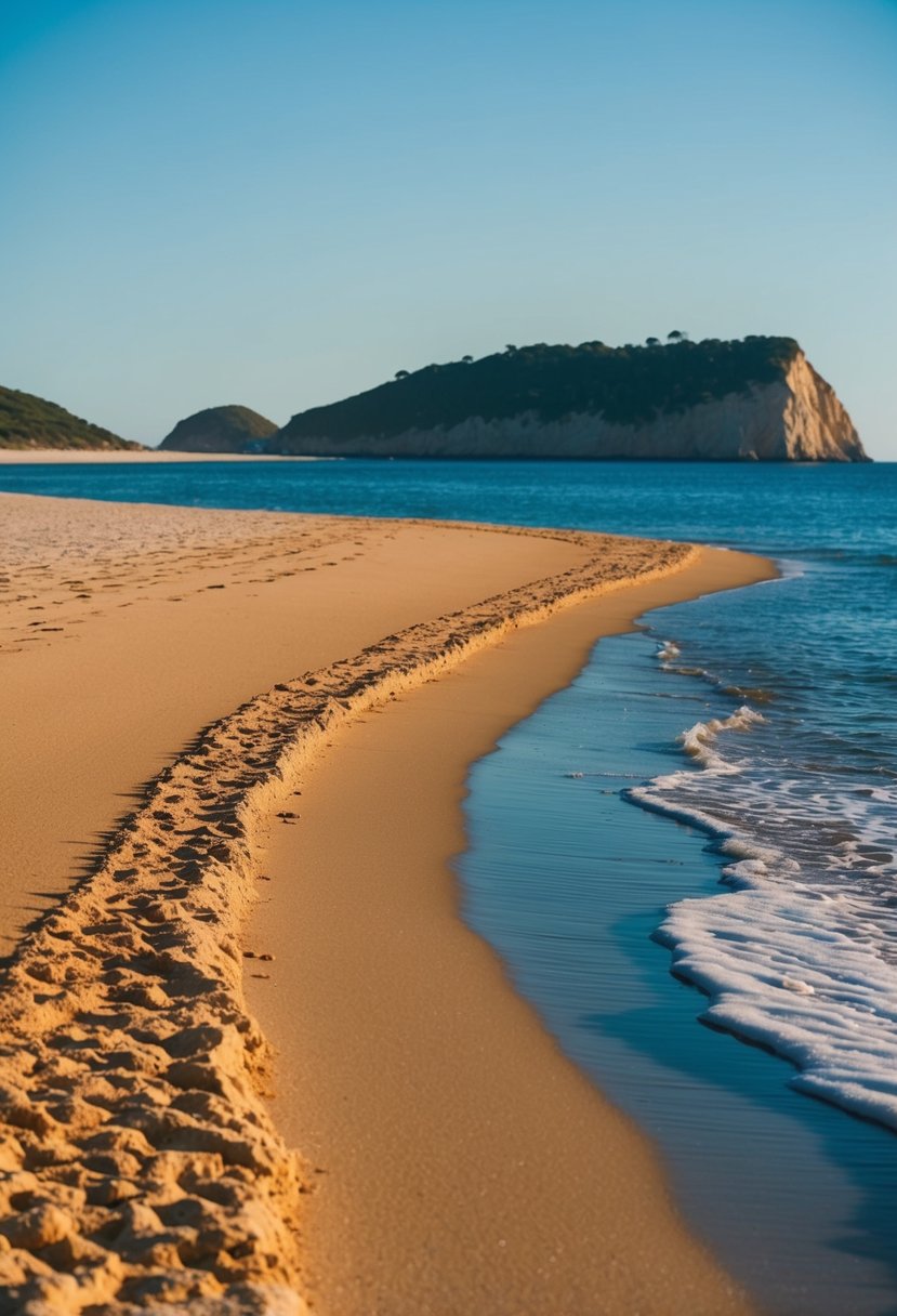 Golden sand stretches along the shore at Sandspit Beach, with clear blue waters and distant rocky cliffs