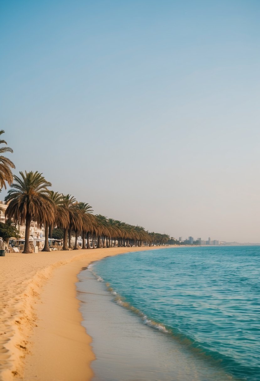 A serene French Beach in Karachi, with golden sand, clear blue waters, and palm trees lining the shore