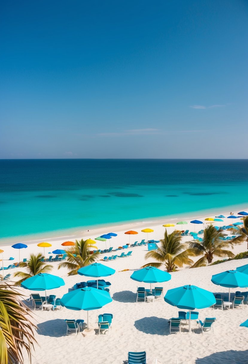 Palm-fringed beaches with turquoise waters and white sand, dotted with colorful umbrellas and beach chairs. Clear blue skies and a gentle ocean breeze