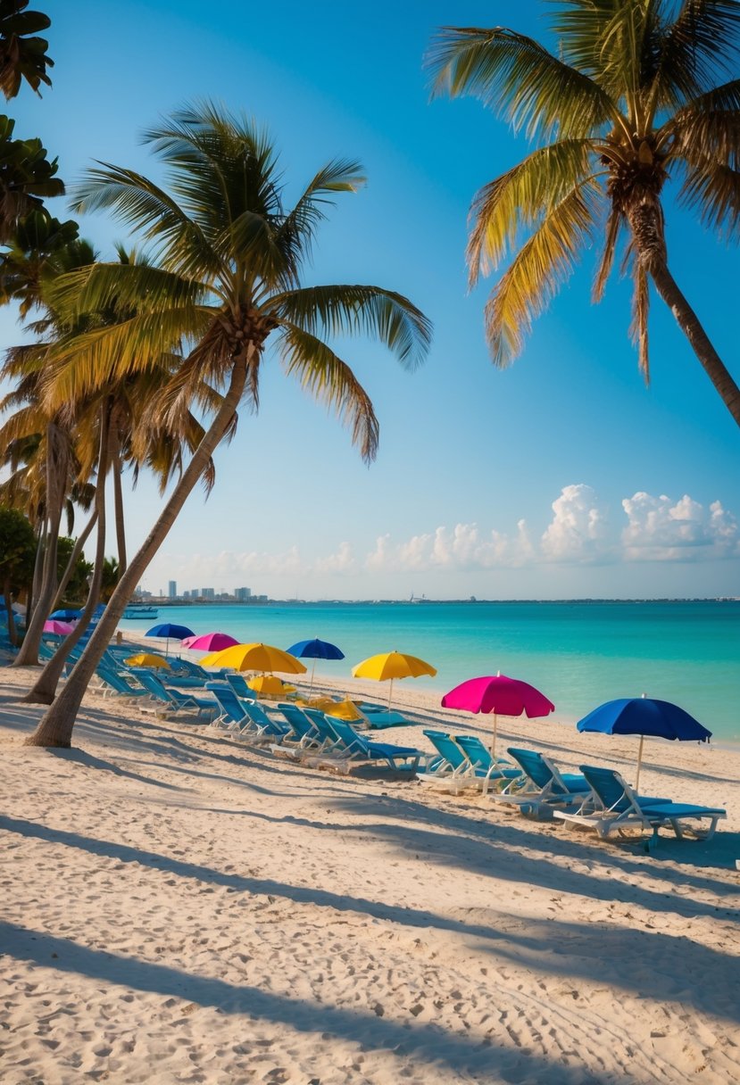 Smathers Beach: golden sand, clear turquoise waters, palm trees swaying in the breeze, colorful umbrellas dotting the shoreline