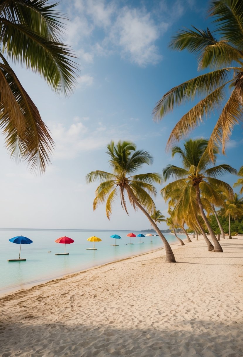 A serene, sandy beach with crystal-clear water and palm trees lining the shore. A few colorful umbrellas dot the sand, and a gentle breeze rustles the palm fronds