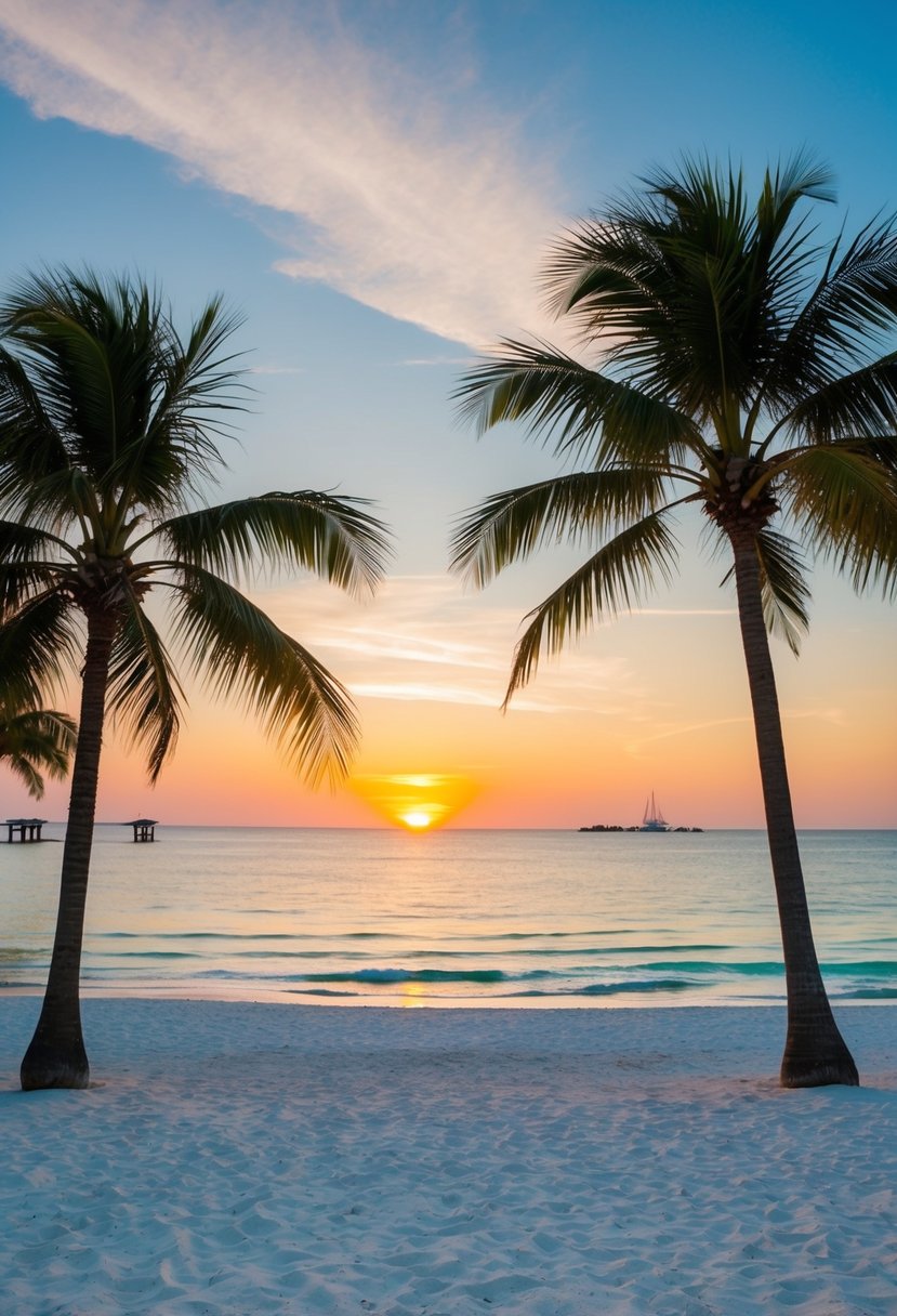 Sunset over the 7 best Key West beaches, with palm trees, clear blue water, and white sand