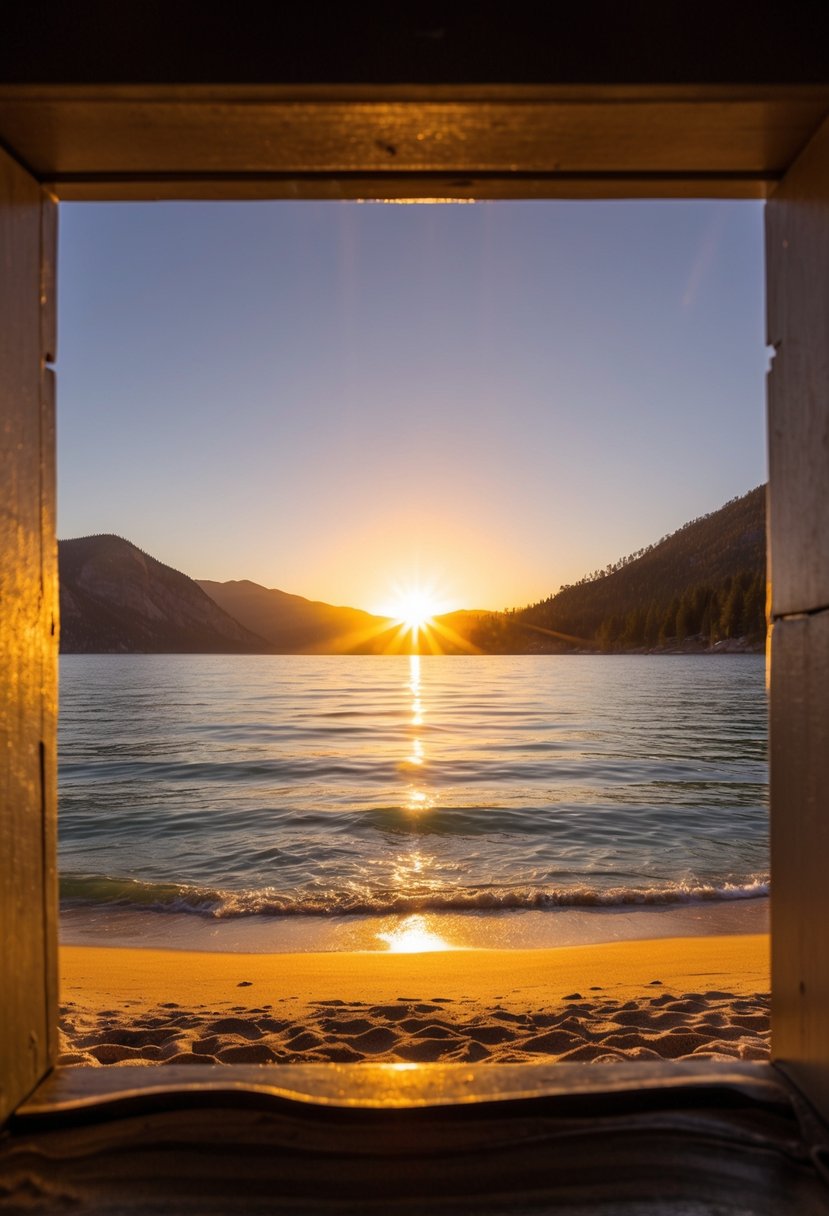 The sun sets over Sand Harbor Beach, casting a warm glow on the golden sand and crystal-clear waters of Lake Tahoe, framed by rugged mountains