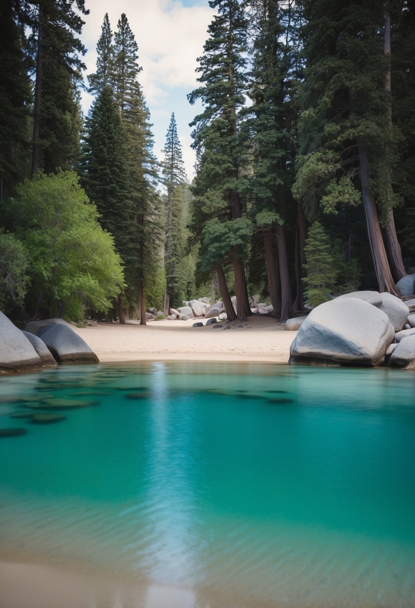 A serene Hidden Beach nestled among towering trees, with crystal-clear waters and a peaceful atmosphere, one of the best beaches in Lake Tahoe