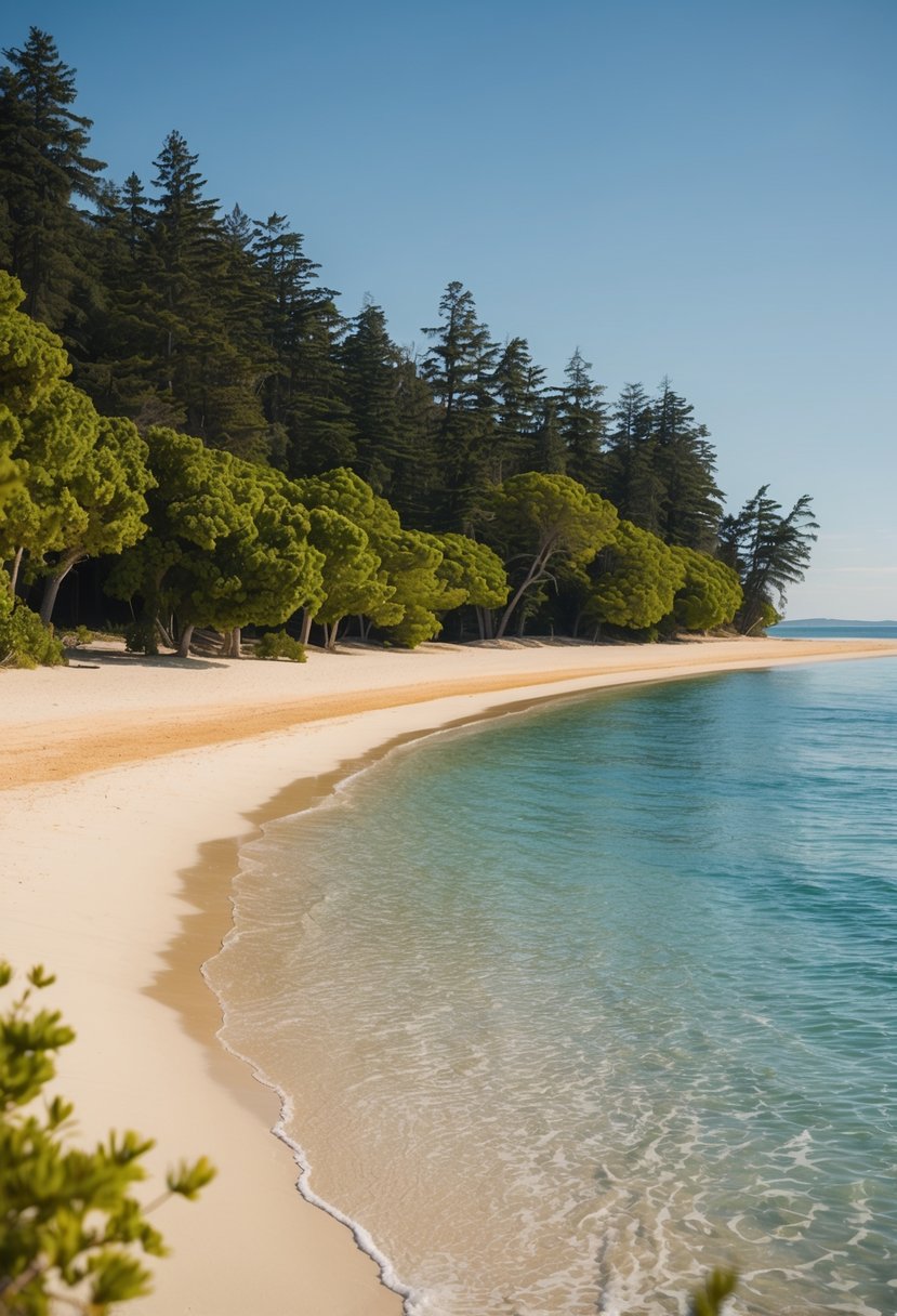 A serene scene at Meeks Bay Beach, with crystal-clear water, golden sand, and lush green trees lining the shore
