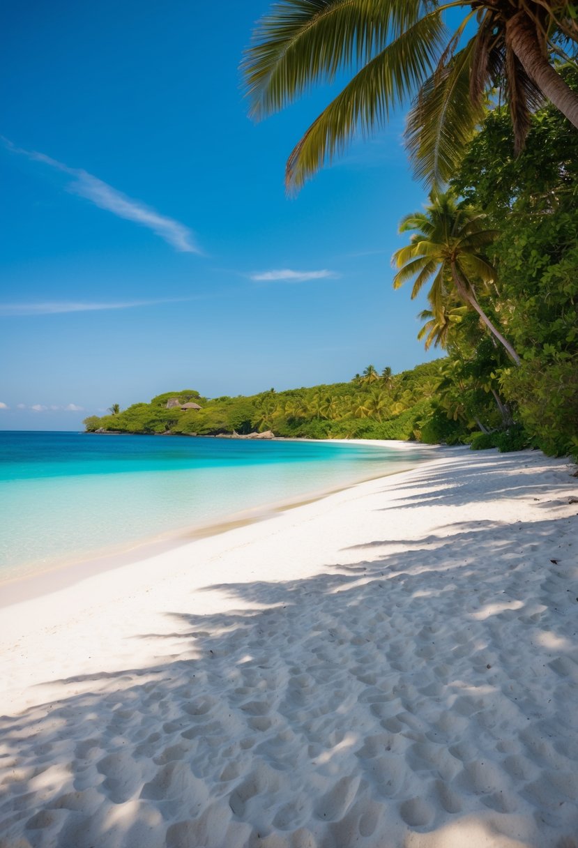 A serene beach with crystal-clear waters, white sand, and lush greenery along the coastline. The sun shines brightly in the clear blue sky, creating a picturesque tropical paradise