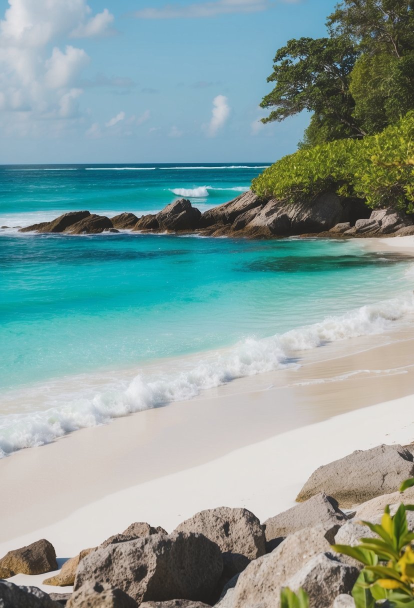 A serene beach with clear turquoise waters, white sand, and lush greenery along the shore. Waves gently crash against the rocks, creating a peaceful atmosphere