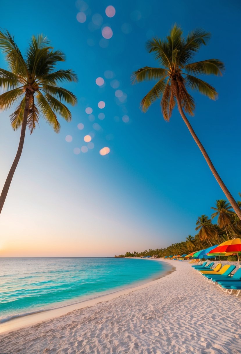 Sunset over turquoise waters, palm trees lining white sand beaches, colorful beach umbrellas, and a clear blue sky