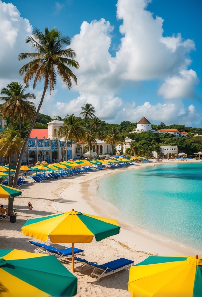 A vibrant beach scene with crystal clear waters, palm trees, and colorful umbrellas, surrounded by cultural attractions in Jamaica